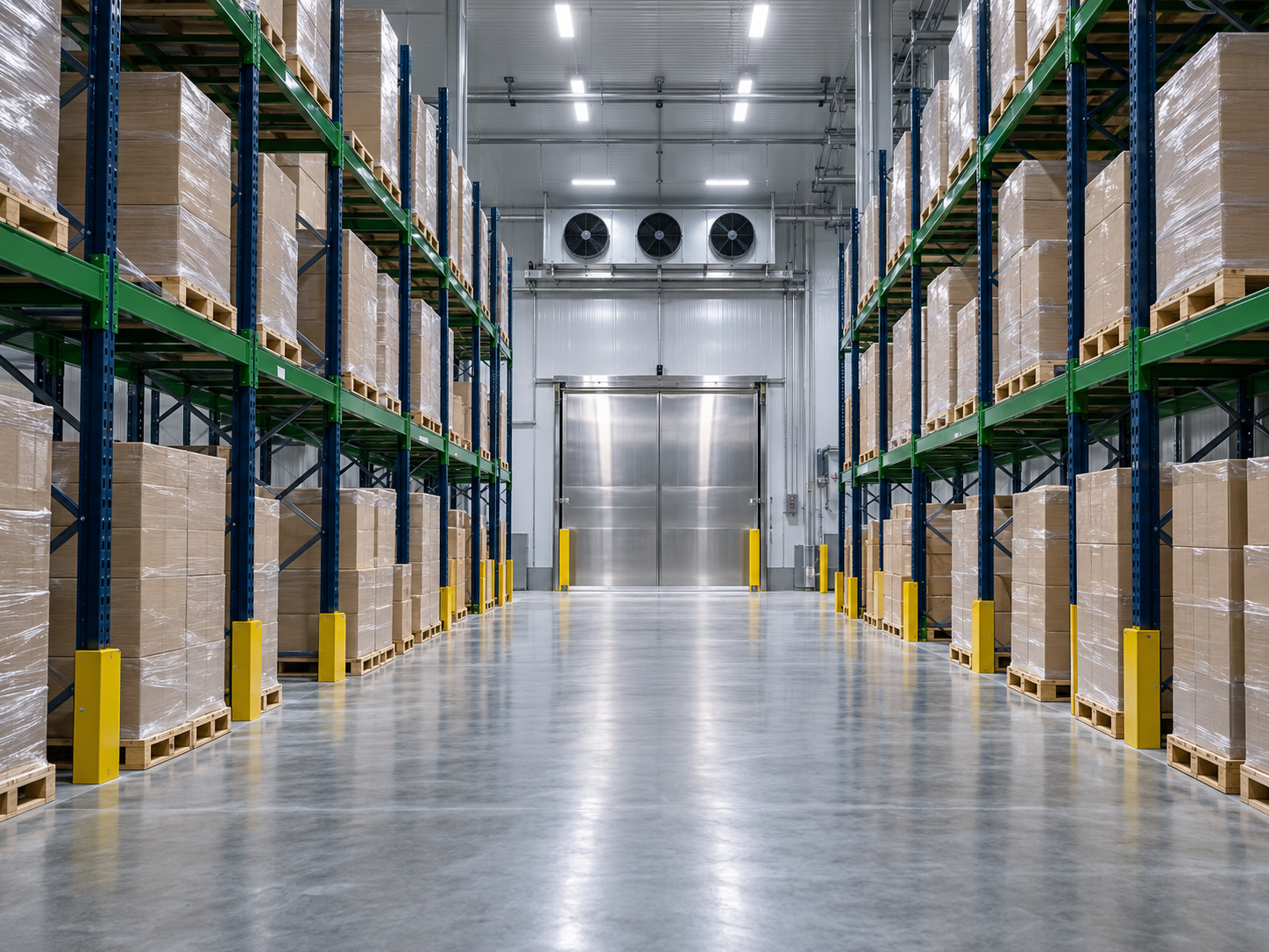 Illustrative refrigerated warehouse aisle with pallet racks and sealed cartons